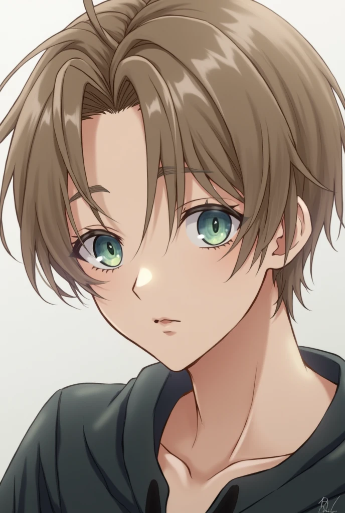 Based on the character Eugeo from the Sword Art Online light novel. Seventeen-year-old man, with light brown hair, white skin and blue-green eyes. Features both Asian and European. Thin face and sharp chin, without facial veil. realistic image. 