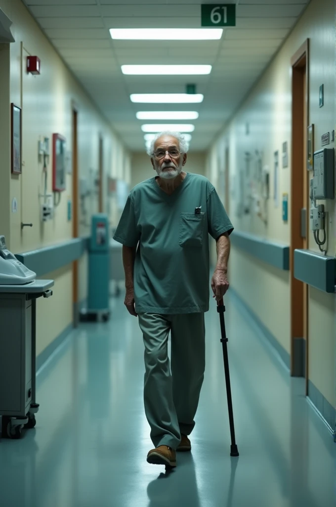 A 65-year-old adult walking without a cane through the hallways of a hospital, low quality image