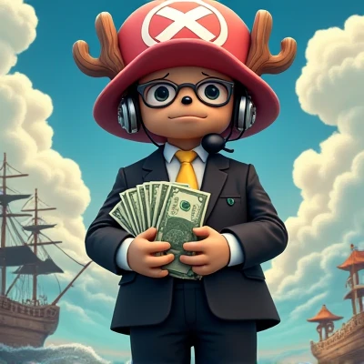 realistic character, with tony tony chopper's hat, headset, glasses on the face, Black Suit, and holding large bills of money in his hand. One Piece themed background