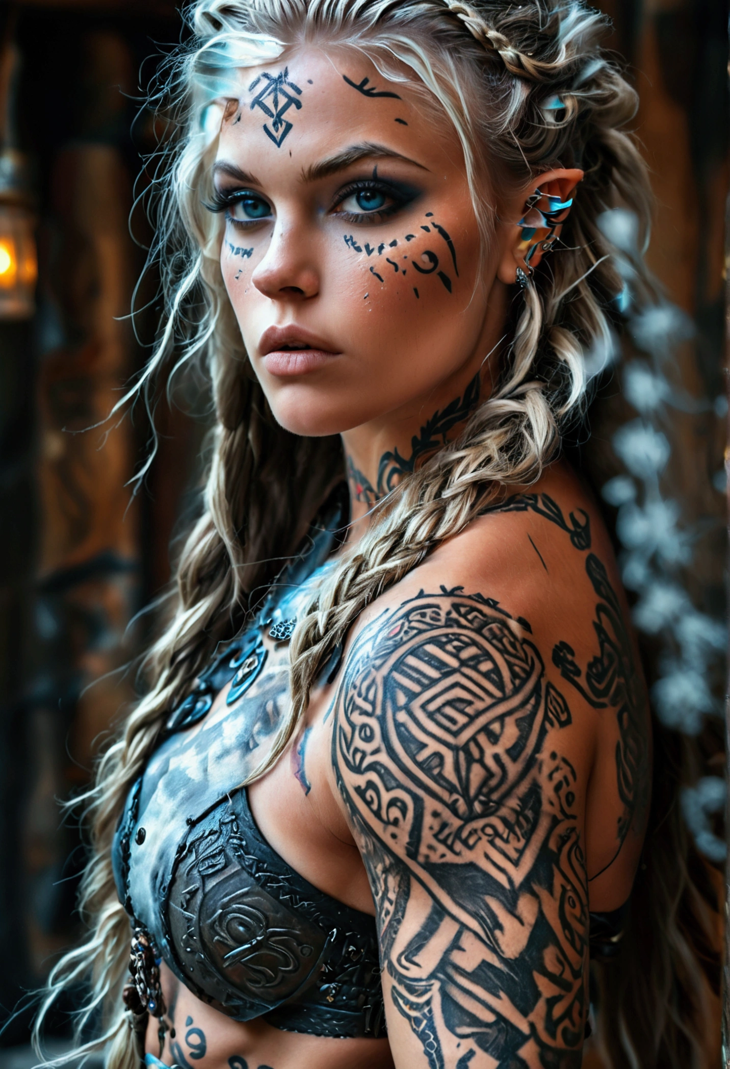 Create a hyper detailed photograph of a runic tattooed muscular young sexy female viking, Stunningly perfect gorgeous feminine face, perfect makeup, detailed vibrant eyes, long flowing hair, big beautiful muscular legs, big beautiful muscular arms, perfect hour glass body figure, detailed smooth skin, large breast, perfect round ass, complete full body view, large detailed viking face paint,