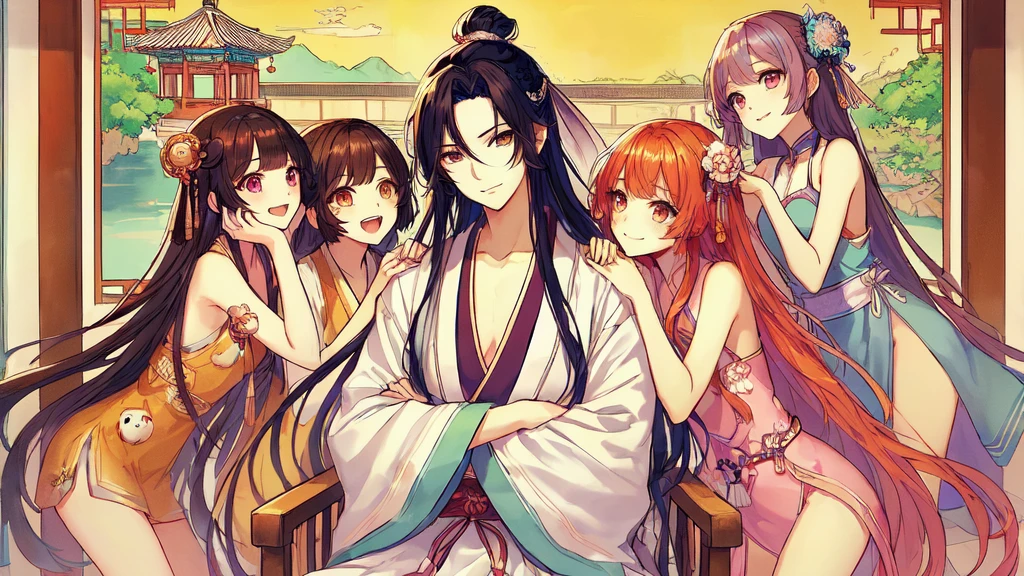 anime girls in kimono robes posing for a picture in front of a window, flowing hair and long robes, onmyoji, visual novel cg, onmyoji detailed art, kawacy, visual novel key visual, sengoku - era art style, manhwa, onmyoji portrait, sengoku era, ; visual novel, visual novel, anime in fantasy style, olhos detalhados, olhos muito bonitos 