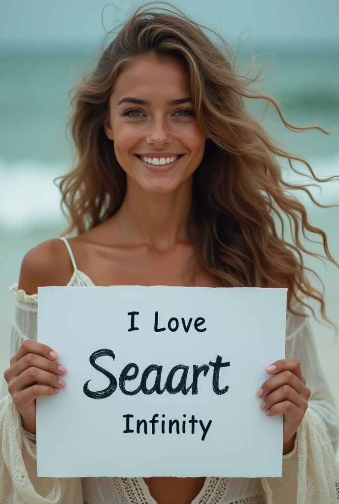 Beautiful girl with wavy long hair, bohemian dress, holding a white board with text "I Love Seaart Infinity" and showing it to the viewer
