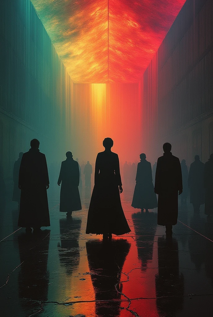 a museum in a perfect storm, amazing colorful composition, disturbance in the matrix, high contrast, an amazing visual illusion, DANCING SILHOUETTES, fine art look of old masters, Collaboration by Zdzislaw Beksinski with reinterpretation by Remedios Varo, chiaroscuro, homely and visionary dream full of viscose and dry, 8k