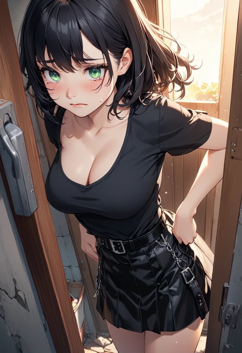 detailed illustration, dynamic angle, ultra-detailed, illustration, 1girl, , medium breasts, heavy breasts, heterochromia, blue eye, green eye, shy, bashful, black hair, black lipstick, sad, crying, tears in eyes, hands together, black goth shirt, cleavage, black leather skirt, buckles on skirt, doorway, slums, short black hair, sincere