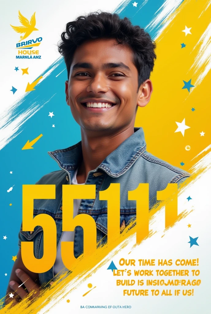 A card that introduces someone as the new force of youth in Várzea do Poço. Use an individual photo of someone with a confident expression. Add graphic elements such as arrows or “play” icons that point to the number 55111, emphasizing the idea of action and movement. Use the yellow color palette, blue and white to create an attractive contrast and highlight the number.
- **Text on the Piece:** “Our time has come! Let's work together to build a better future for all of us!”