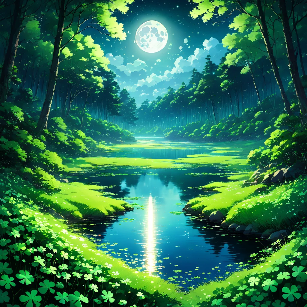 night,Four-leaf clover,Clover field,in the forest,full moon,lake,Secret places,heaven,beautiful Anime Scenery, Landscape painting, Beautiful digital painting, Andreas Rocha, Beautiful artwork illustration, Awesome Wallpapers, Raymond Han, Tall beautiful paintings, Studio Greeble Makoto Shinkai, Beautiful Wallpapers, Anime Scenery