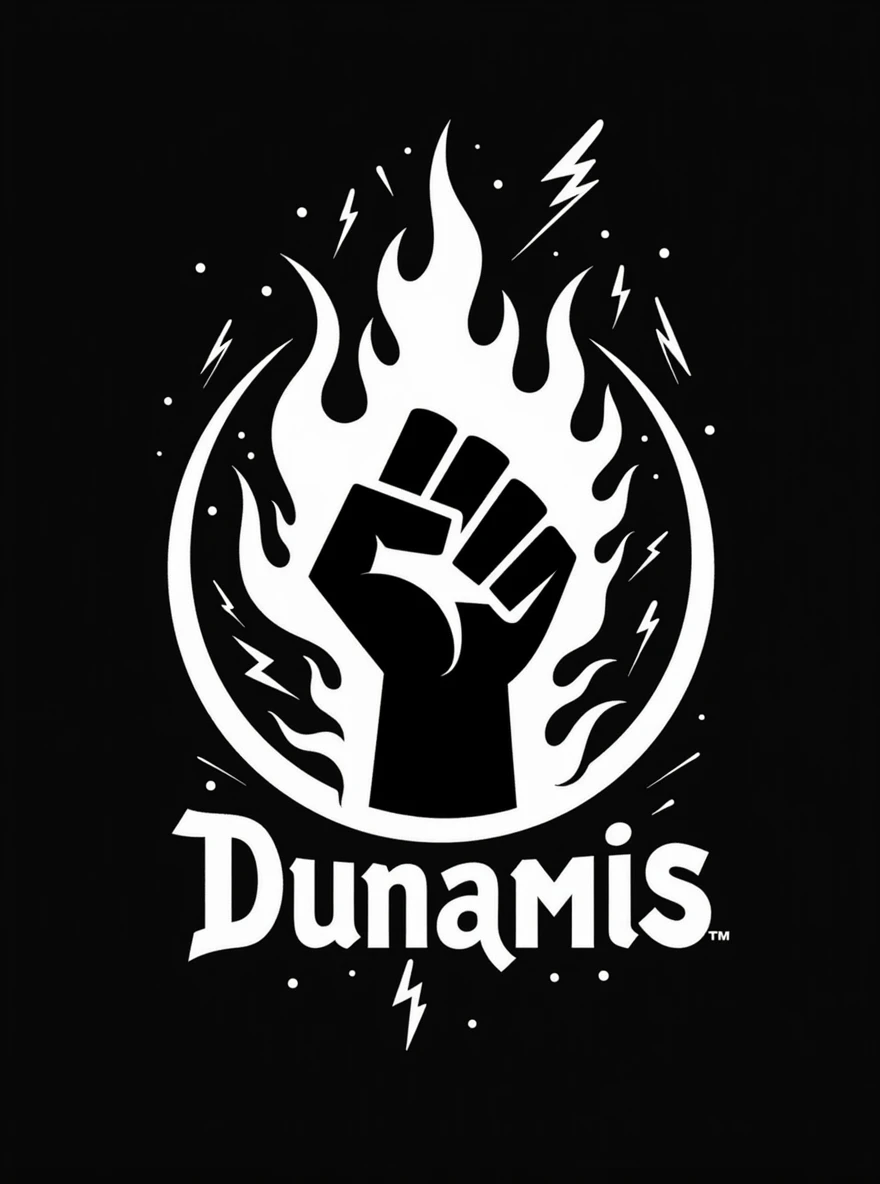 a logo with a hand on fire and lightning bolts around it, written dunamis, very imperative and bold, closed hand, black and white, inside a circle