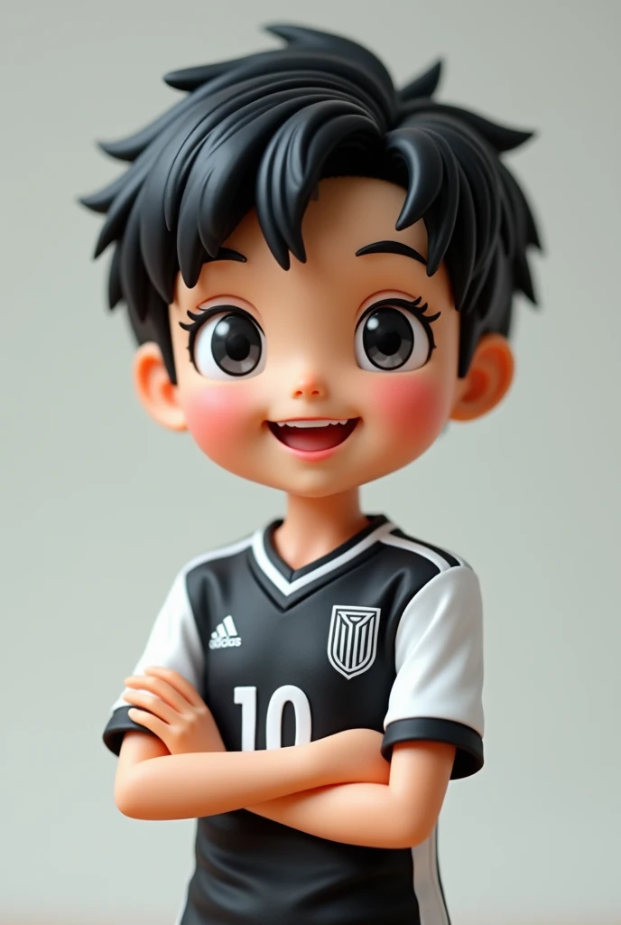 Create a soccer player doll with a black and white number 10 jersey , black and short hair white, Japanese Eyes, Very smiling, glad, adult with arms crossed, de corpo todo