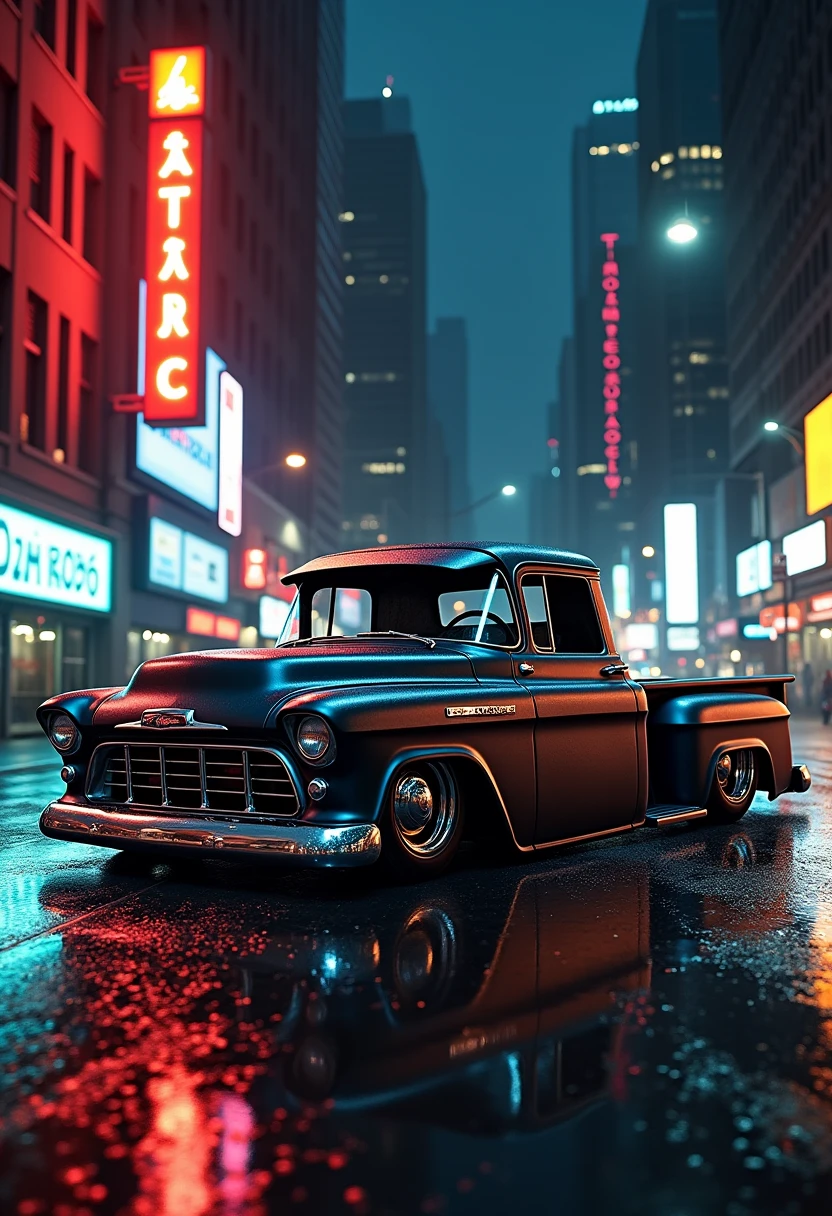 a highly detailed photorealistic old american tuned pickup truck on a dark city night street with reflections in the wet pavement, dramatic lighting, neon signs, skyscrapers, cinematic atmosphere