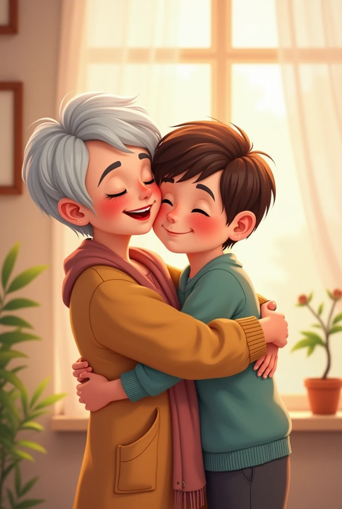 Illustration for children of a 50-year-old woman with white pixie cut hair hugging her 6-year-old grandson with short dark brown hair