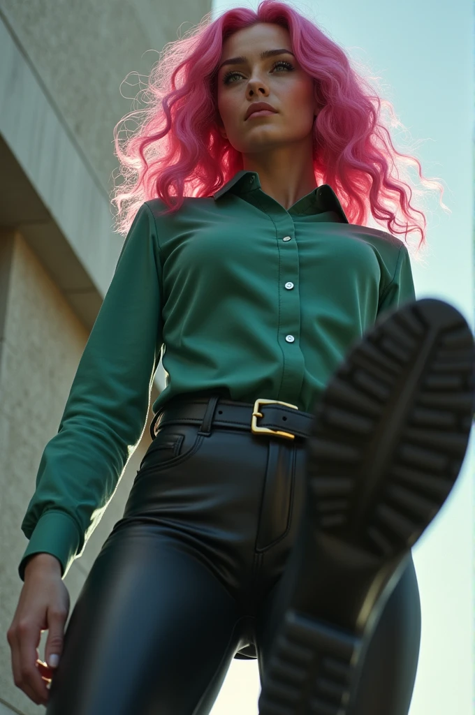 a pretty woman, 36 years old, pink hair, pretty face, Green Shirt, black tights , black riding boots, giantess, POV shot, lifts her right foot, Boot sole, FULL BODY shot
