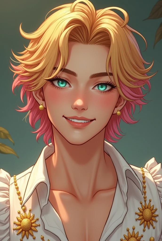 Very handsome young blond man with sun-blonde hair and a pink streak. Your eyes are bright blue-green and very beautiful. He wears a white blouse with ruffles and golden embroidered suns.. Her hair is voluminous. He has a mole next to his left eye and has a very beautiful and happy smile..