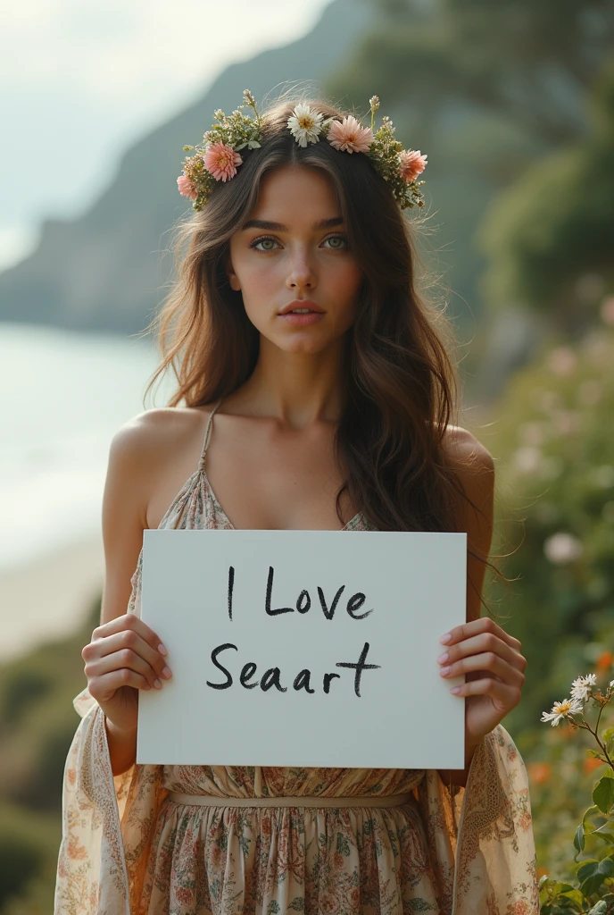 Beautiful girl with wavy long hair, bohemian dress, holding a white board with text "I Love Seaart Infinity" and showing it to the viewer