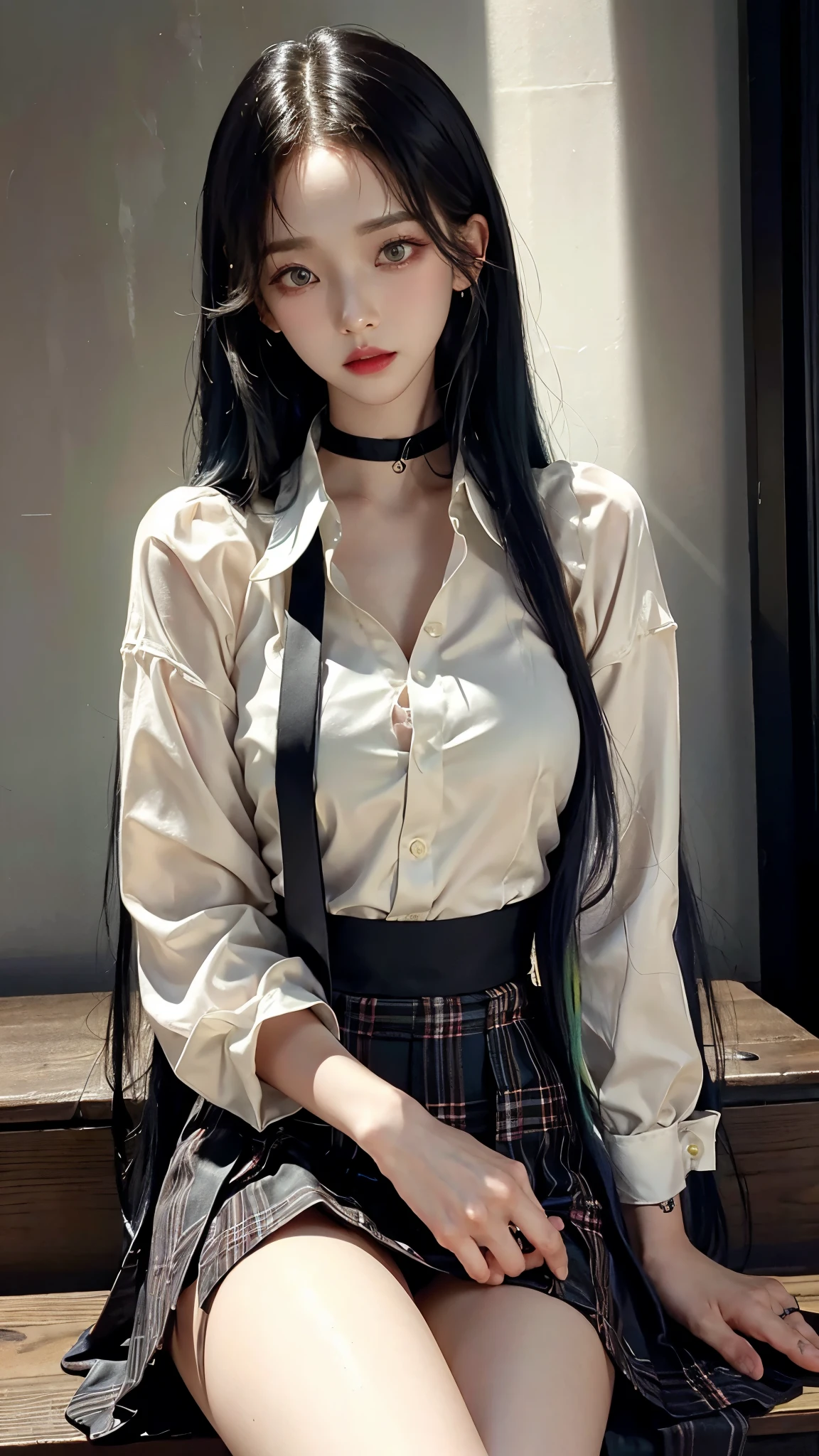 exposed, 큰 chest, 젖어서 chest이 보이는 흰색 shirt, masterpiece, best quality, whole body, 1 woman, forehead, black choker, black necktie, blond hair, panties, blush, bracelet, chest, choker, clothes approximately waist, clavicle, collared shirt,  dress shirt, ear piercing, eyebrows visible through hair, gradient hair, 이를 드러내고 laugh, fix, bijouterie, Kogal, long hair, looking at viewer, loose necktie, necktie, piercing, plaid, plaid skirt, pleated skirt, red eyes, ring, , shirt, skirt, laugh, alone, sky, sitting on a chair inside a cafe,illustration, (Magazines:1.3), (sheathe-style:1.3), fashionable, female, vibrant, outfit, posing, front, fancy, dynamic, background, coercion, confidence, expression, possession, name, accessories, majestic, coil, approximately, touch, scene, texts, sheathe, brave, attracting attention, title, Refined, font, catchy, headline, bigger, striking, modern, Trend, Concentrate upon, fashion,