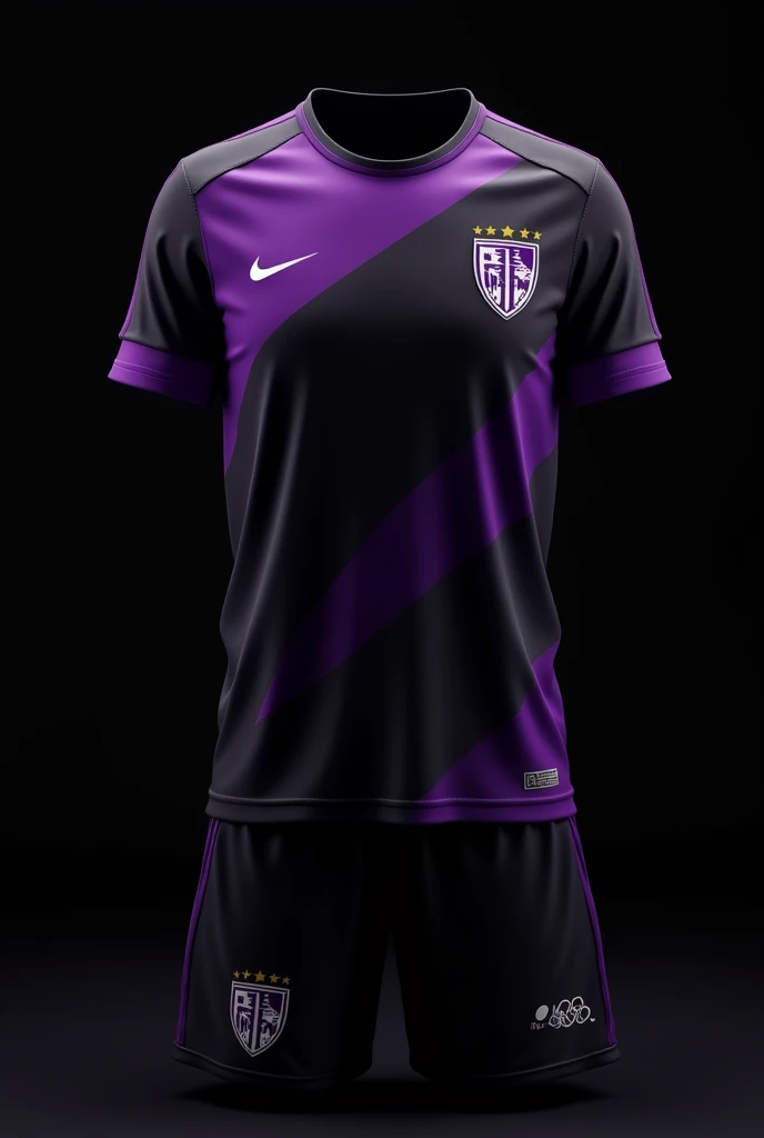 Make a black and purple soccer jersey for a student olympics , only showing the shirt with a black background. Show the front and back 
