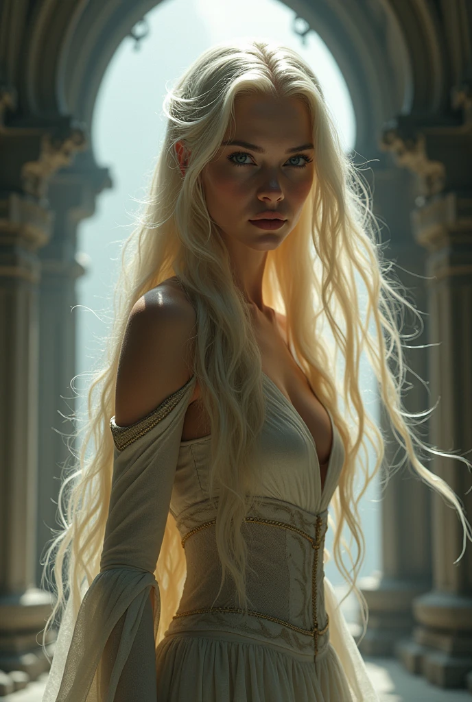 Aewin is a beautiful ethereal elf sorceress, golden white hair, not Boris Vallejo style, highly detailed elven dress, Highly detailed face, high detail skin, strong athletic body, perfect proportions, Heavy metal aesthetics, elven architecture background, high qualiy, work of art, photo realist, intrincately detailed, 8k, HDR, Shallow depth of field, broad light, hight contrast, contra-luz, Light flares, sharp focus, Foto colorida RAW, looking at the camera, cool colors, various poses