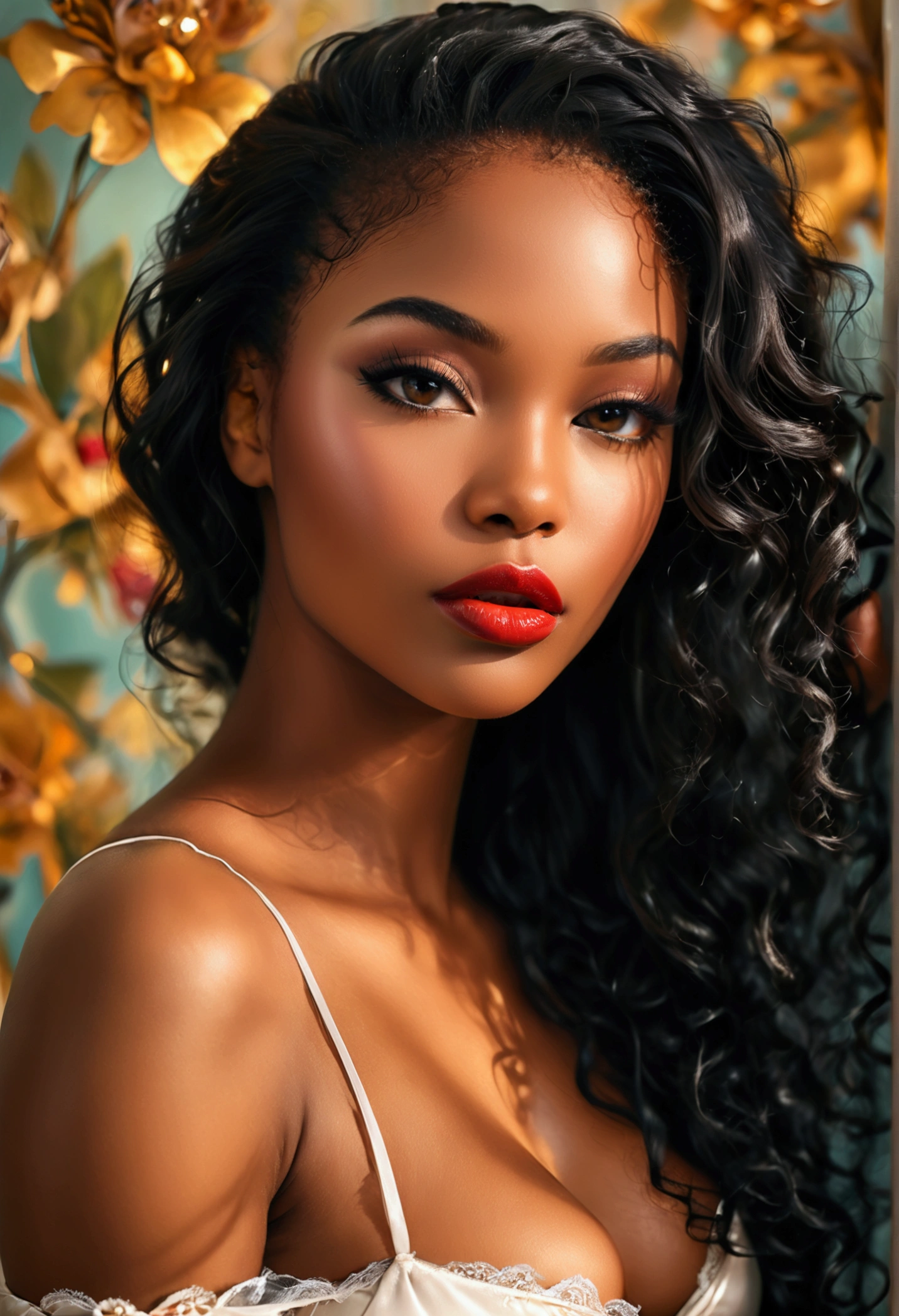 Create an image of a stunningly gorgeous beautiful  black women, long luscious eyelashes, black eyeliner, professional studio makeup, lipstick, natural hair, stunningly gorgeous feminine face light silky perfect skin, perfect body figure, natural large breast, sexy seductive waist, sexy seductive lingerie, high heels, full body view,