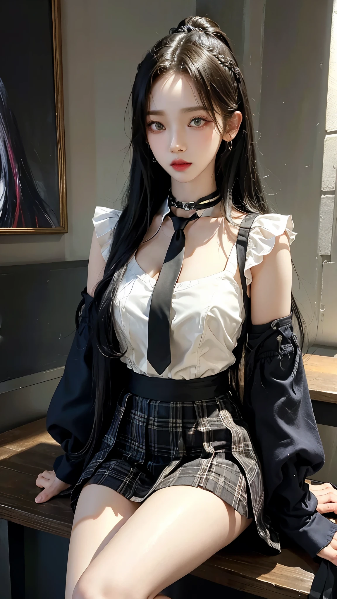 exposed, 큰 chest, 젖어서 chest이 보이는 흰색 shirt, masterpiece, best quality, whole body, 1 woman, forehead, black choker, black necktie, blond hair, panties, blush, bracelet, chest, choker, clothes approximately waist, clavicle, collared shirt,  dress shirt, ear piercing, eyebrows visible through hair, gradient hair, 이를 드러내고 laugh, fix, bijouterie, Kogal, long hair, looking at viewer, loose necktie, necktie, piercing, plaid, plaid skirt, pleated skirt, red eyes, ring, , shirt, skirt, laugh, alone, sky, sitting on a chair inside a cafe,illustration, (Magazines:1.3), (sheathe-style:1.3), fashionable, female, vibrant, outfit, posing, front, fancy, dynamic, background, coercion, confidence, expression, possession, name, accessories, majestic, coil, approximately, touch, scene, texts, sheathe, brave, attracting attention, title, Refined, font, catchy, headline, bigger, striking, modern, Trend, Concentrate upon, fashion,
