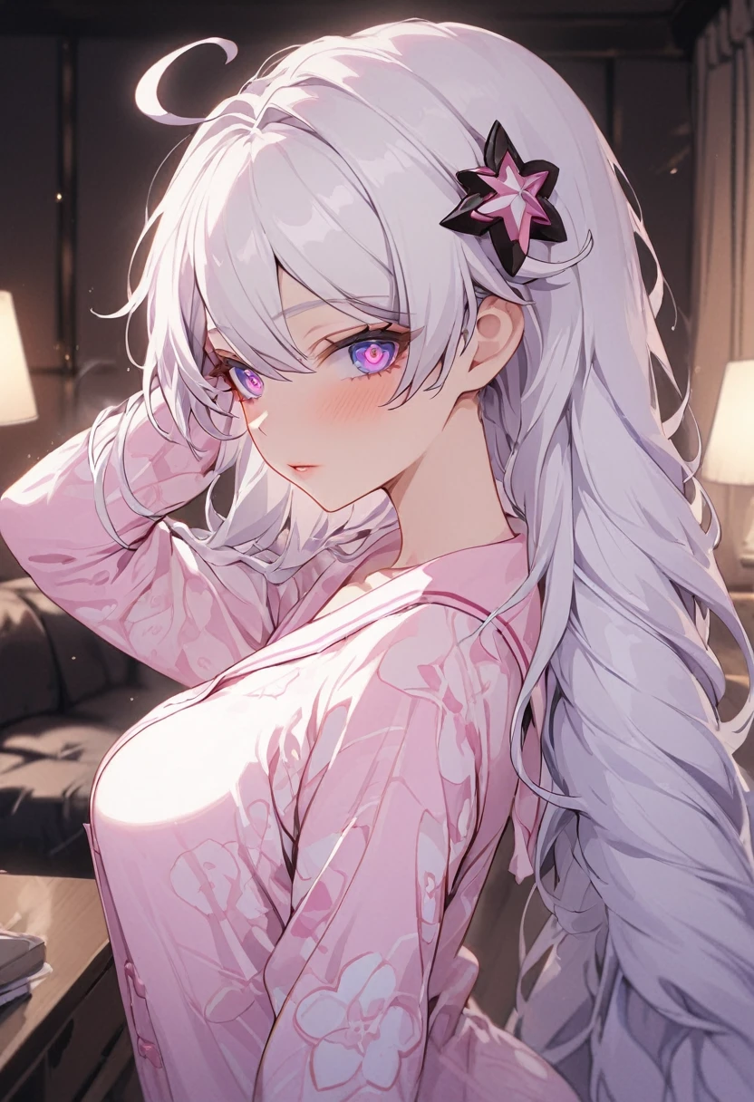 (masterpiece), best quality, expressive eyes, perfect face,detail eyes,4k,'Score_9, score_8, score_7_up,1girl, good hand,solo,

Kiana Kaslana ,(Honkai Impact 3rd), Messy hair,symbol-shaped pupils, hair ornament, ahoge, very long hair, purple eyes,White hair , large breast,athletic body,pink lips,pajamas,

Living room scenery, standing,low light , from the side, looking at viewer , close up,body heat, Breathing heavily ,fixing hair pose 