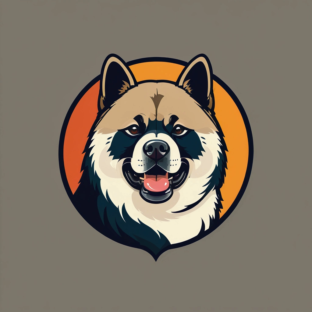 American Akita – a beauty with plush fur and a characteristic dark mask. The breed combines courage, friendliness,  funky, retro, multicoloured,  vintage logo, American Akita dog,athletic sports logo,energetic dynamic pose vintage logo, American Akita dog,athletic logo,energetic dynamic pose, American Akita – a beauty with plush fur and a characteristic dark mask.