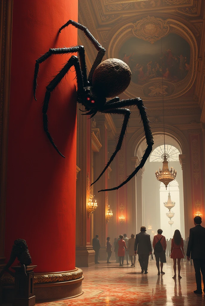 A creature of half-human, half-spider flesh on a red wall watching people in a hall.