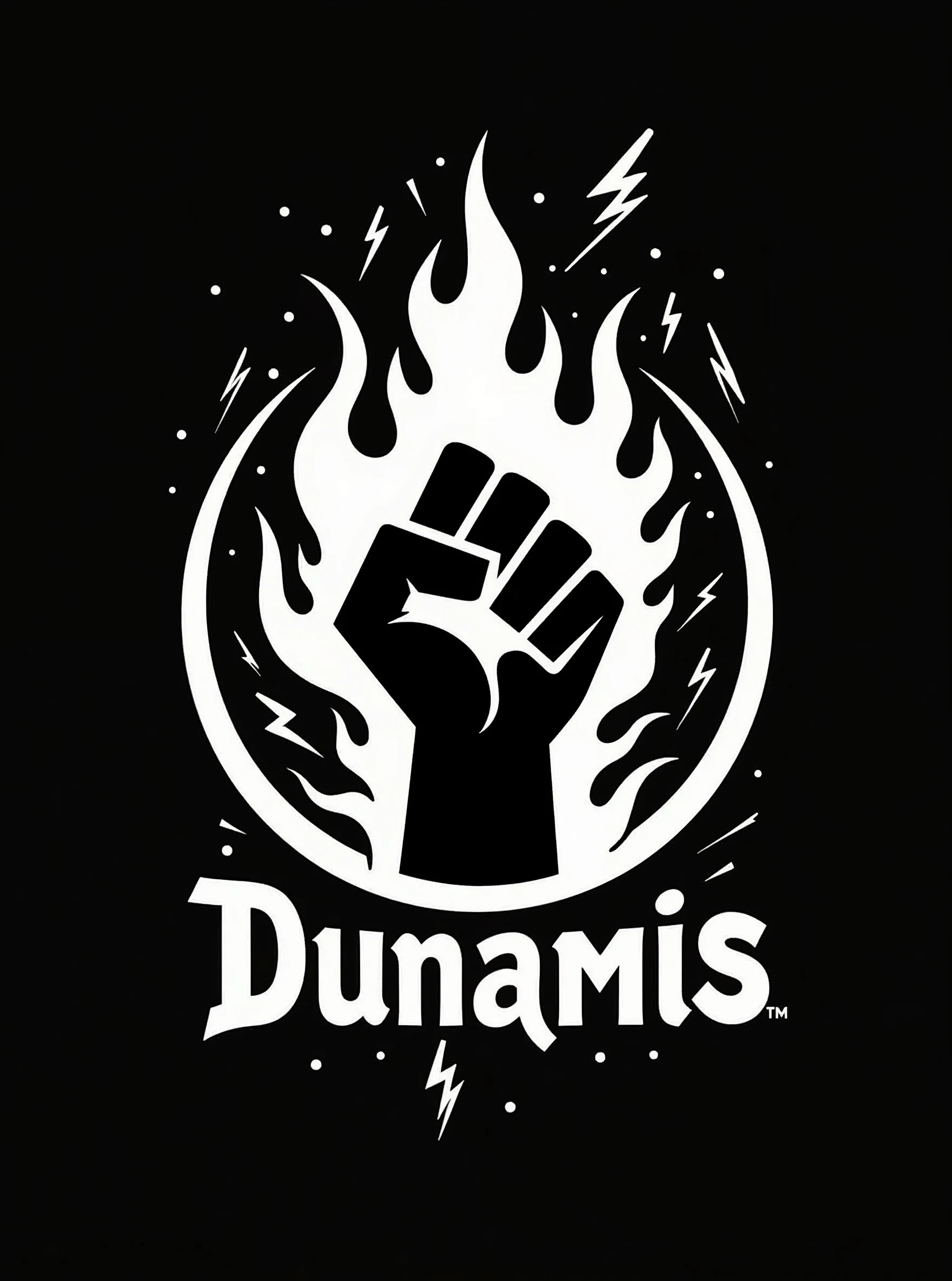 a logo with a hand on fire and lightning bolts around it, written dunamis, very imperative and bold, closed hand, black and white, inside a circle