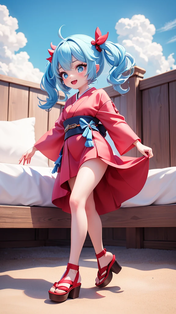 actionhappy and jumping
A half-Japanese-Russian woman with blue eyes, blue hair, fair skin, and long, beautiful legs that match her red shoes. She was wearing a knee-length, see-through red dress. She stands on the beach. She is playing a hammer on the bed, full body 4k, Front view.
