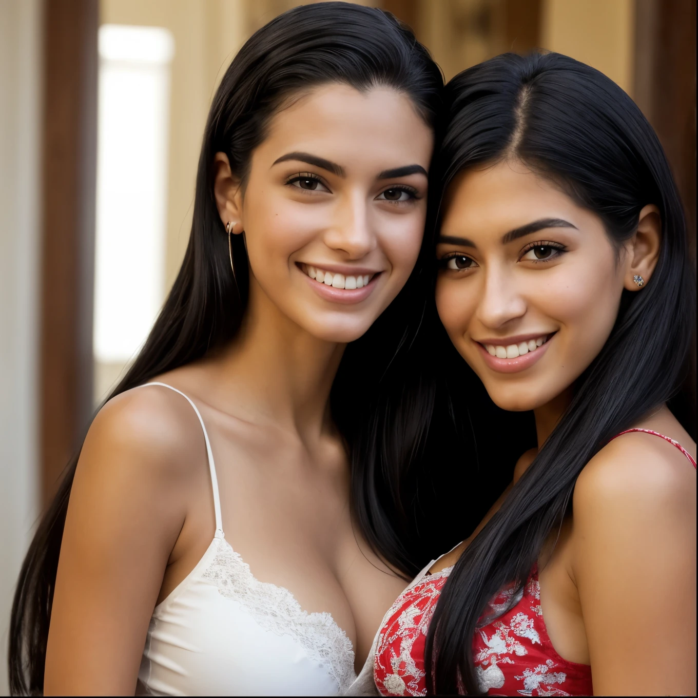 Arafed woman with long black hair smiling and holding a red nail., looks like a Christmas fairy tale, 22 year old Cuban woman., Julia Sarda, fernanda suarez, beautiful and smiling, Beautiful latin face, brazilian supermodel, marischa becker, She looks like Laura Barriales, Malika Favre, valentine shuffle, running and big boobs and big ass