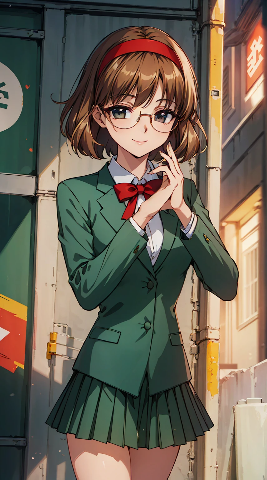 Phoenix Temple Fuu,One person,short hair,Light brown hair,Glasses,((Red Hairband)),Green blazer,mini skirt,smile,masterpiece,Noise Reduction,Perfect Anatomy,High resolution, Very detailed,Game CG,Dutch Angle ,Beautiful attention to detail,Visual Arts,Five Fingers, Perfect hands, Perfect lighting,