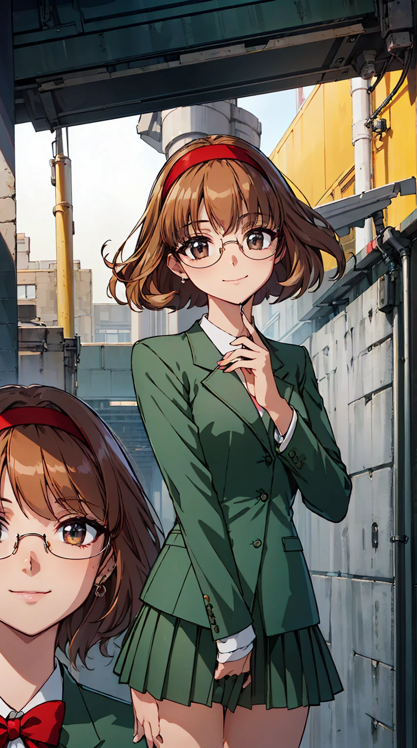 Phoenix Temple Fuu,One person,short hair,Light brown hair,Glasses,((Red Hairband)),Green blazer,mini skirt,smile,masterpiece,Noise Reduction,Perfect Anatomy,High resolution, Very detailed,Game CG,Dutch Angle ,Beautiful attention to detail,Visual Arts,Five Fingers, Perfect hands, Perfect lighting,