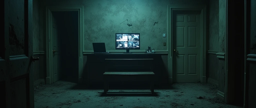 I want a realistic image of an office inside a dark and gloomy house. The image needs to be in first person (no people in the image, It's like the camera is the person's eyes., seated in front of the counter), with a bench and a monitor (screen) old to look at the security cameras in the middle, and two doors open halfway on either side of the counter.