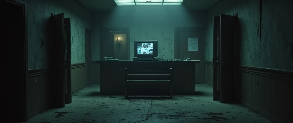 I want a realistic image of an office inside a dark and gloomy house. The image needs to be in first person (no people in the image, It's like the camera is the person's eyes., seated in front of the counter), with a bench and a monitor (screen) old to look at the security cameras in the middle, and two doors open halfway on either side of the counter.