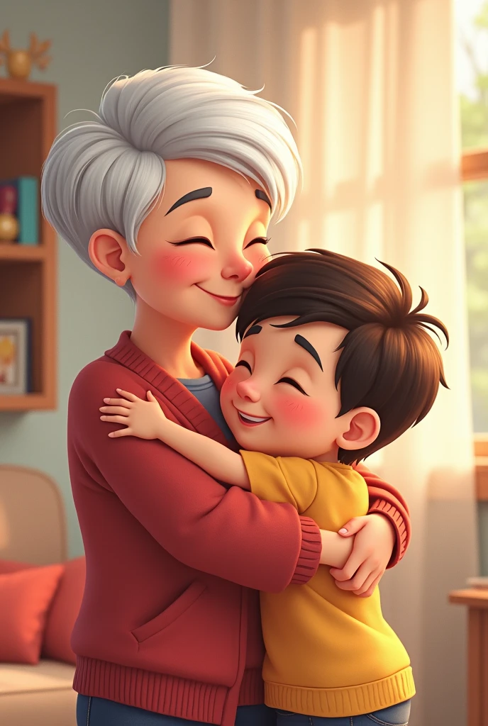 Cartoon illustration of a 50 year old woman with white pixie cut hair hugging her 6 year old grandson with short dark brown hair