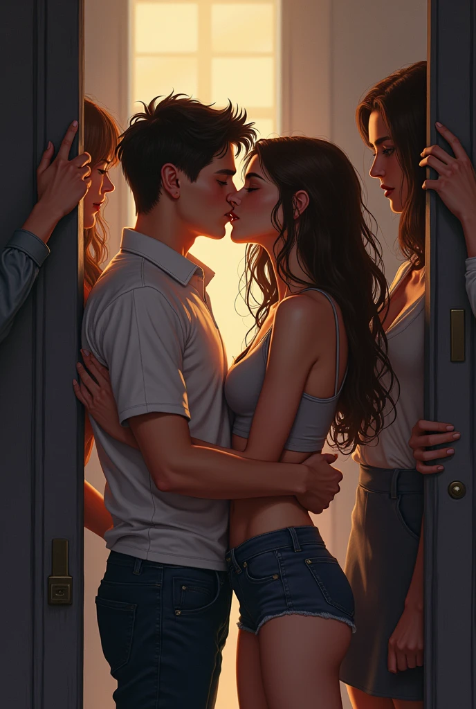 I want two teenagers kissing, each with a teacher saying 'mine' and the other 'mine'