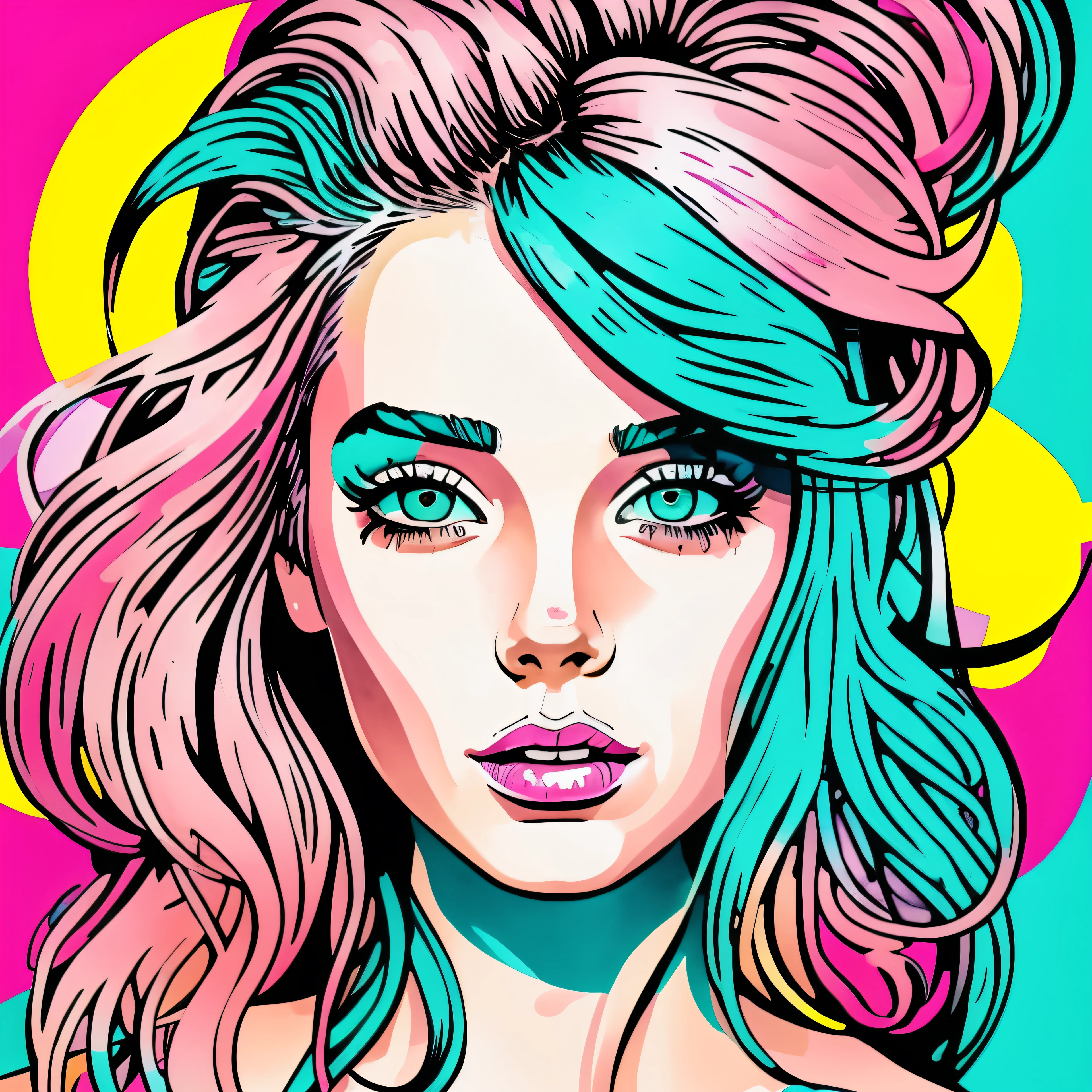 album cover, painted portrait of a girl with pink and turquoise hair, the face is clear, covered by hair, watercolor, pop art style, drawn in the style of a neon marker