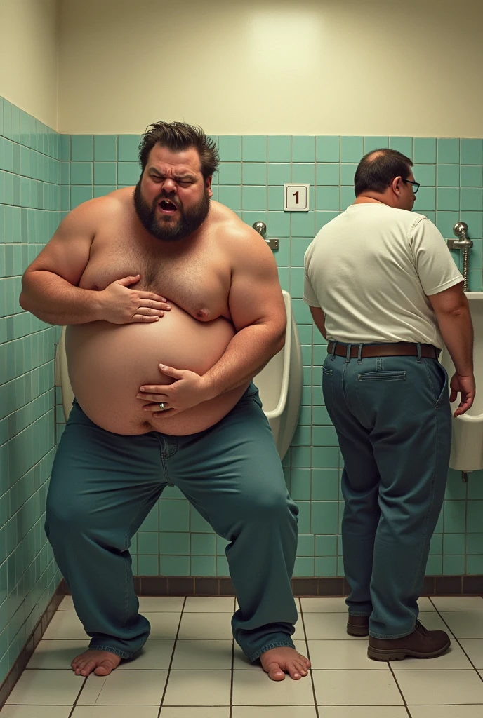 Jack Black desperate to pee clutching his crotch, friends with the other/A rear shot of Kevin Chamberlin peeing on the urinal.