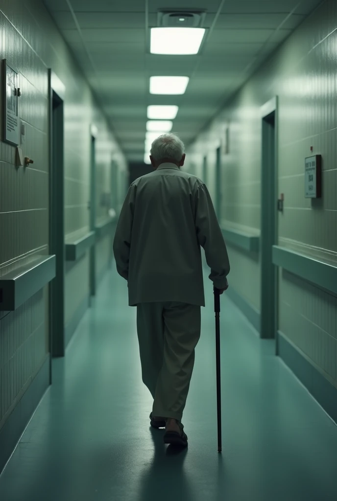 A 65-year-old adult walking backwards does not use a cane, through the corridors of a hospital, low quality image