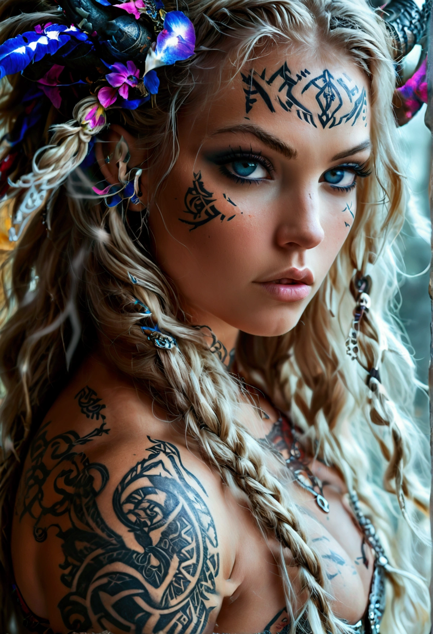 Create a hyper detailed photograph of a runic tattooed muscular young sexy female viking, Stunningly perfect gorgeous feminine face, perfect makeup, detailed vibrant eyes, long flowing hair, big beautiful muscular legs, big beautiful muscular arms, perfect hour glass body figure, detailed smooth skin, large breast, perfect round ass, complete full body view, large detailed runic face symbols,