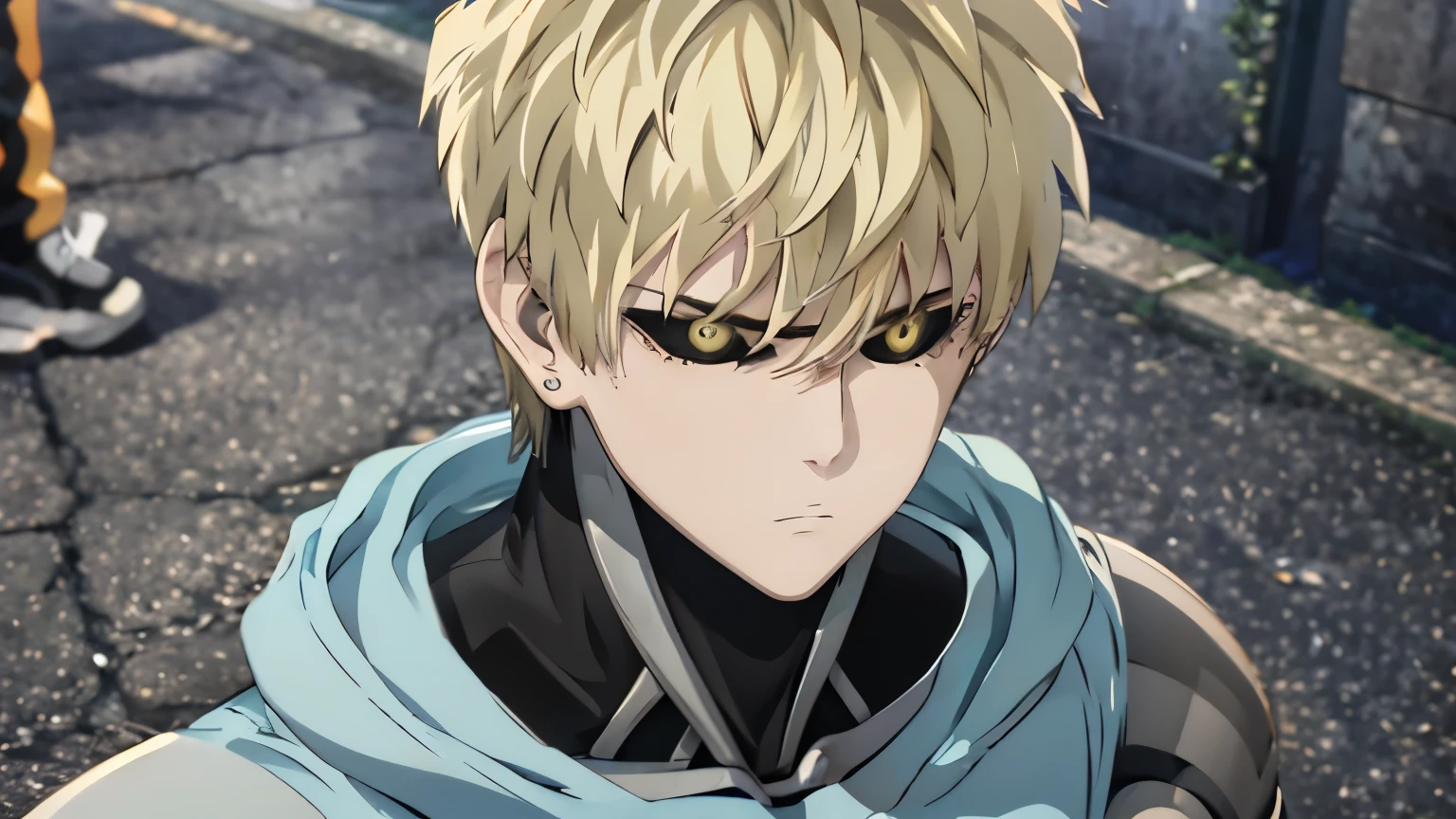 Genos from the one punch man series, He is facing out on the streets. (His face expresses great concern ).