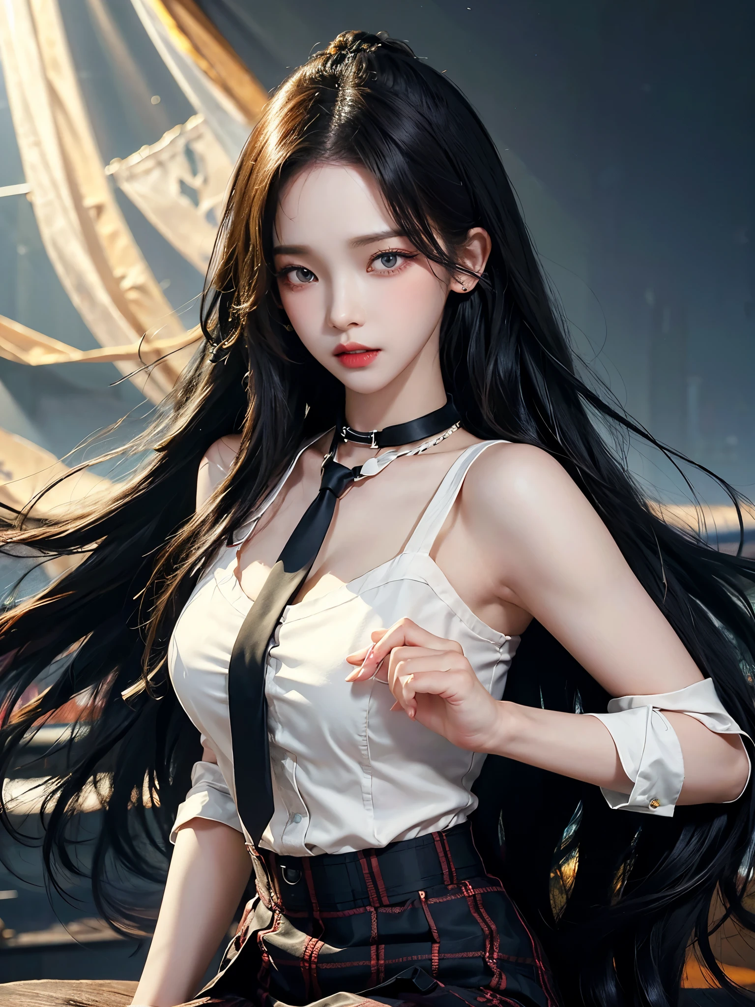 exposed, 큰 chest, 젖어서 chest이 보이는 흰색 shirt, masterpiece, best quality, whole body, 1 woman, forehead, black choker, black necktie, blond hair, panties, blush, bracelet, chest, choker, clothes approximately waist, clavicle, collared shirt, dress shirt, ear piercing, eyebrows visible through hair, gradient hair, 이를 드러내고 laugh, fix, bijouterie, Kogal, long hair, looking at viewer, loose necktie, necktie, piercing, plaid, plaid skirt, pleated skirt, red eyes, ring, , shirt, skirt, laugh, alone, sky, sitting on a chair inside a cafe,illustration, (Magazines:1.3), (sheathe-style:1.3), fashionable, female, vibrant, outfit, posing, front, fancy, dynamic, background, coercion, confidence, expression, possession, name, accessories, majestic, coil, approximately, touch, scene, texts, sheathe, brave, attracting attention, title, Refined, font, catchy, headline, bigger, striking, modern, Trend, Concentrate upon, fashion,