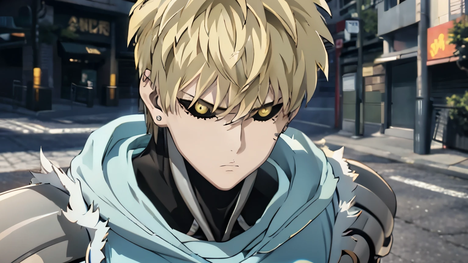 Genos from the one punch man series, He is facing out on the streets. (His face expresses great concern ).