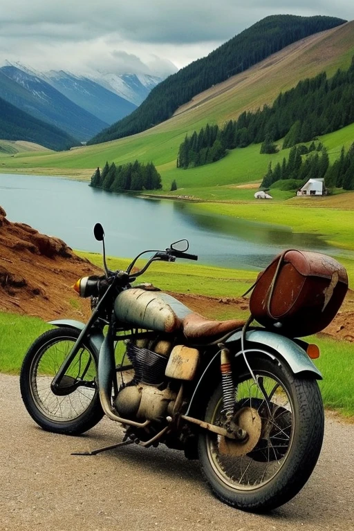 Just an old motorcycle
On a beautiful landscape