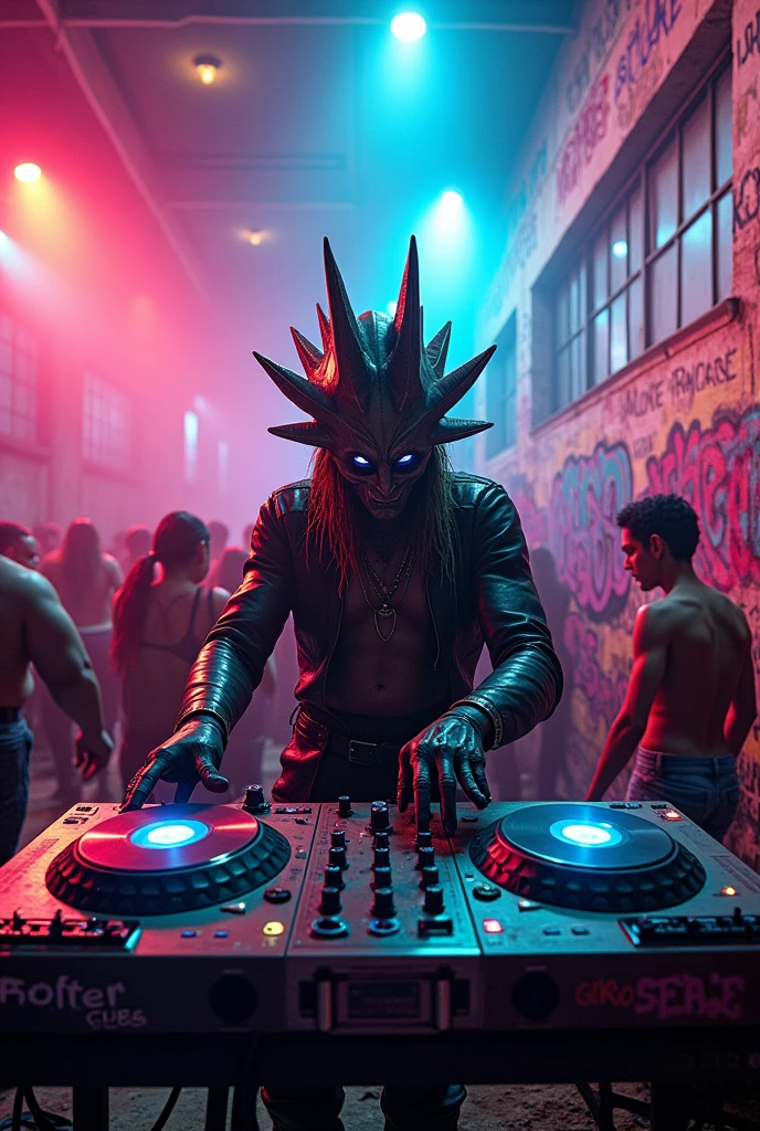 Post apocalyptic party reggaeton, alien dj the house grafittis