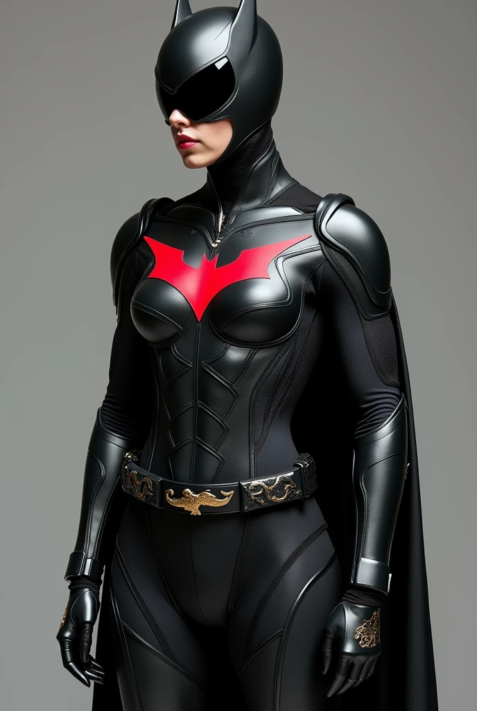 Fù's suit is made of black elastic fabric with satin finish, including a mask with night vision lenses and cloud embroidery. The body is made of nylon and elastane, black with dark gray details and a red bat symbol. The lightweight, breathable cover imitates bat membranes, With a silver border. Gloves and boots have retractable claws and Chinese details, like waves and bamboo leaves. The utility belt has discreet pockets and golden dragon-shaped details. The suit combines functionality with Chinese cultural elements, reflecting the inspiration of Fù.