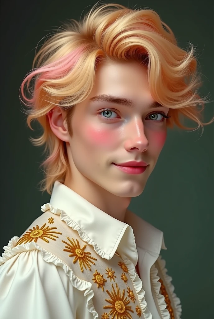 Very handsome young blond man with sun-blonde hair and a pink streak. Your eyes are bright blue-green and very beautiful. He wears a white blouse with ruffles and golden embroidered suns.. Her hair is voluminous. He has a mole next to his left eye and has a very beautiful and happy smile..