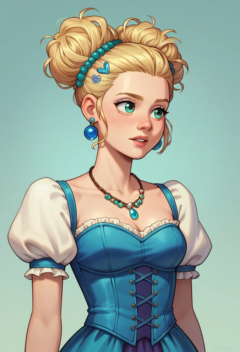 score_9, score_8_up, score_7_up,  score_6_up, BREAK, Goldilocks, blonde hair, hair ornament, hair bun, earrings, blue corset, necklace, puffy short sleeves, bracelet, 