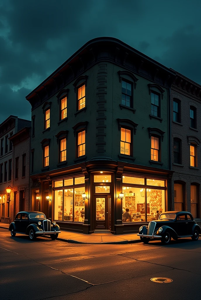 Corner of an old house, Long Street, Big city at night,, City of Saint Louis, Missouri, Camera looks at the corner of the house. Warm light glows behind the shop windows, Road nearby on the corner, Old cars are parked on the street. 1927, night.