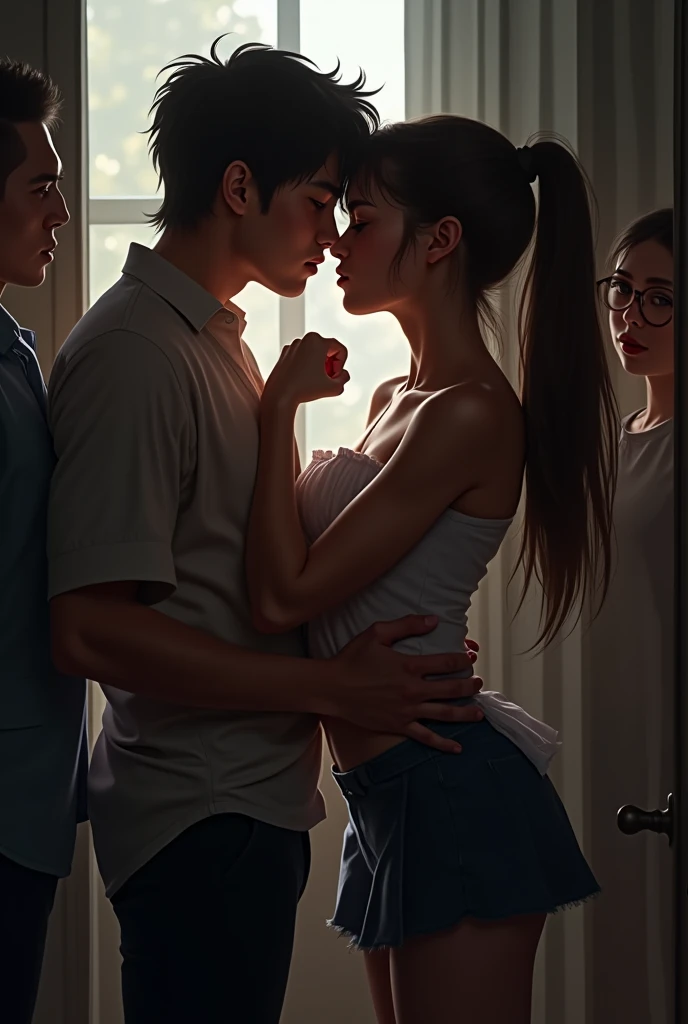 I want two teenagers kissing, each with a teacher saying 'mine' and the other 'mine'