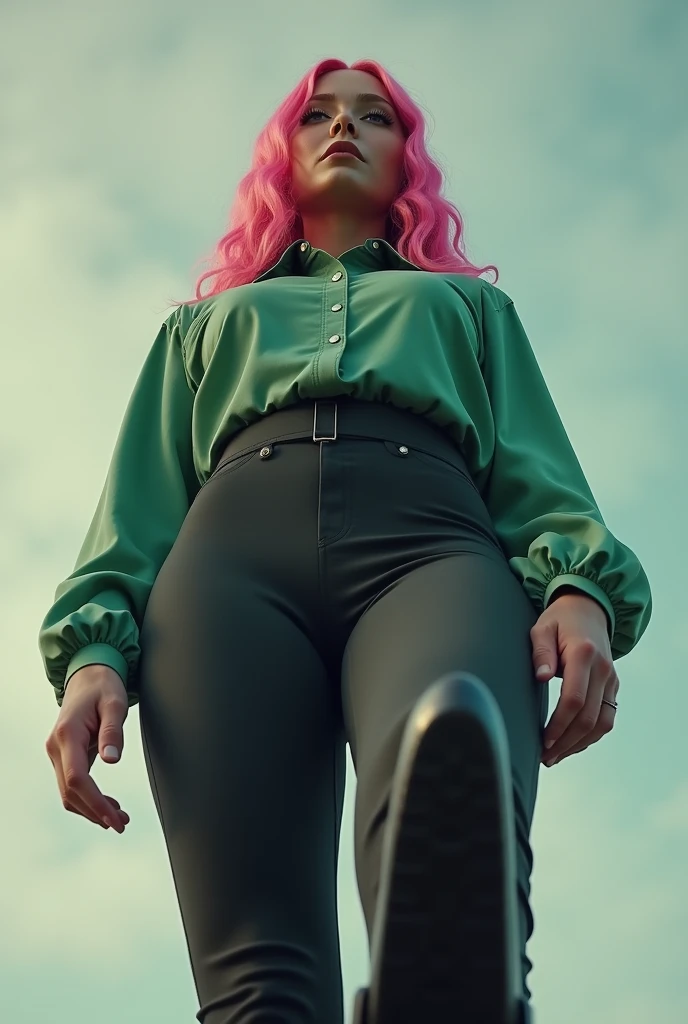 a pretty woman, 36 years old, pink hair, pretty face, Green Shirt, black tights , black riding boots, giantess, POV shot, lifts her right foot, Boot sole, FULL BODY shot