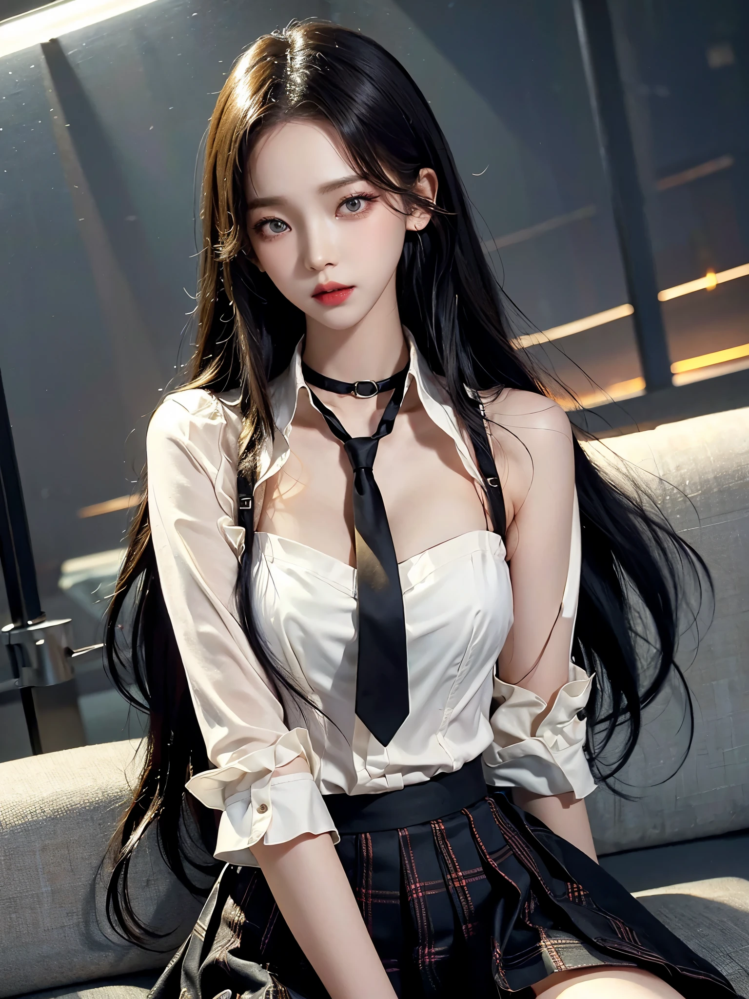 exposed, 큰 chest, 젖어서 chest이 보이는 흰색 shirt, masterpiece, best quality, whole body, 1 woman, forehead, black choker, black necktie, blond hair, panties, blush, bracelet, chest, choker, clothes approximately waist, clavicle, collared shirt, dress shirt, ear piercing, eyebrows visible through hair, gradient hair, 이를 드러내고 laugh, fix, bijouterie, Kogal, long hair, looking at viewer, loose necktie, necktie, piercing, plaid, plaid skirt, pleated skirt, red eyes, ring, , shirt, skirt, laugh, alone, sky, sitting on a chair inside a cafe,illustration, (Magazines:1.3), (sheathe-style:1.3), fashionable, female, vibrant, outfit, posing, front, fancy, dynamic, background, coercion, confidence, expression, possession, name, accessories, majestic, coil, approximately, touch, scene, texts, sheathe, brave, attracting attention, title, Refined, font, catchy, headline, bigger, striking, modern, Trend, Concentrate upon, fashion,